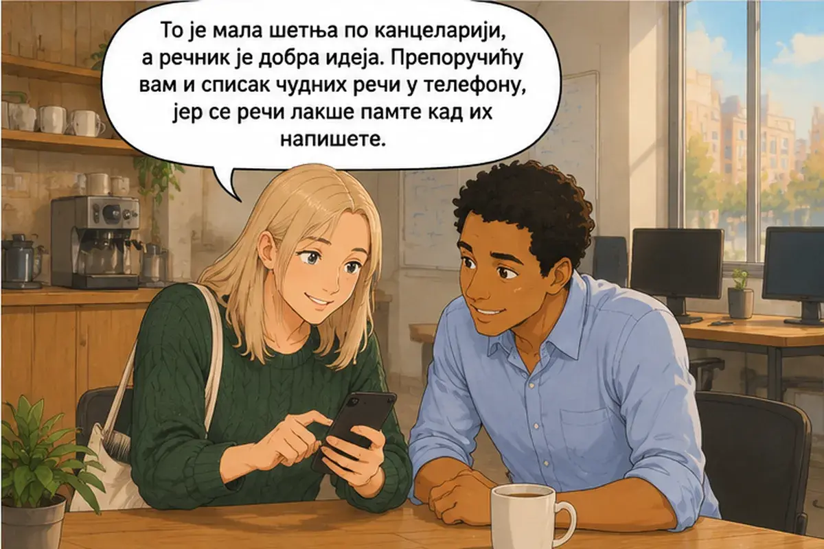 Кадр 8 из 16 к тексту «В команде мы все на «ты»»: «Это короткая прогулка по офису, а словарь — хорошая идея. А ещё посоветую вам список странных слов в телефоне: слова легче запоминаются, когда их записываешь.»