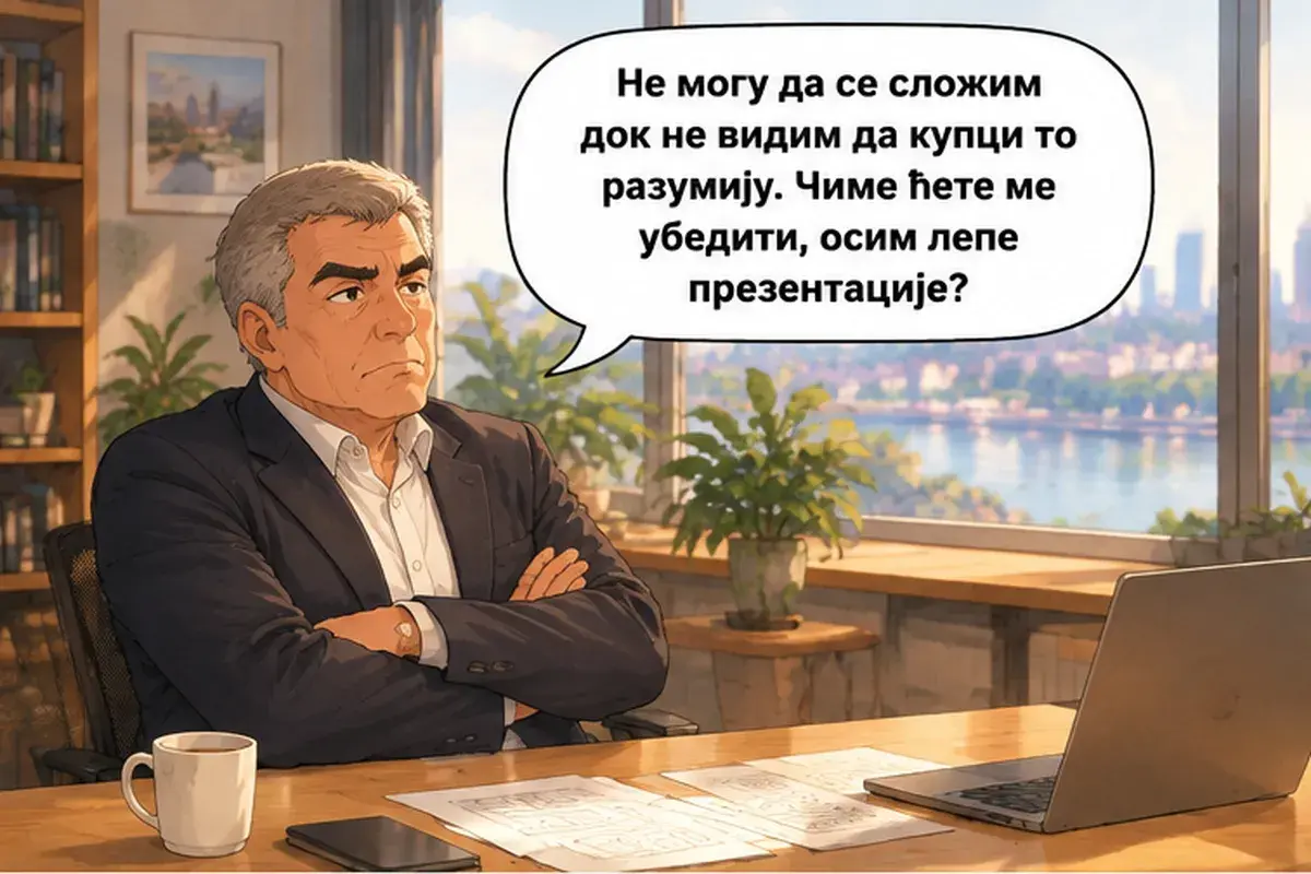 Кадр 9 из 15 к тексту «Покупатель хочет заказать бурек в три шага»: «Я не могу согласиться, пока не увижу, что покупатели это понимают. Чем вы меня убедите, кроме красивой презентации?»