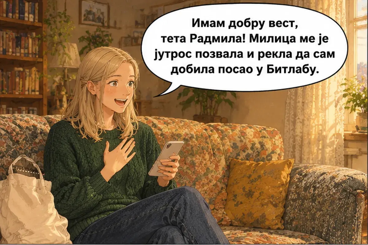 Кадр 1 из 15 к тексту «Я получила работу!»: «У меня хорошая новость, тётя Радмила! Милица сегодня утром позвонила мне и сказала, что я получила работу в «Битлабе».»