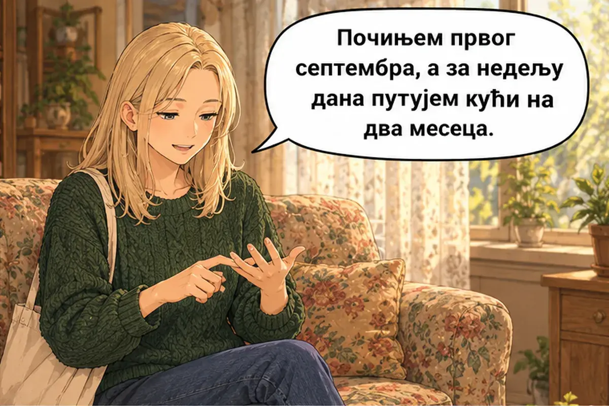 Кадр 6 из 15 к тексту «Я получила работу!»: «Я начинаю первого сентября, а через неделю уезжаю домой на два месяца.»