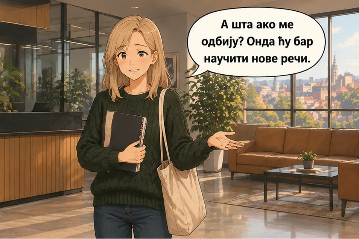 Кадр 6 из 8 к тексту «Пришла бы ты на собеседование?»: «А что, если мне откажут? Тогда я хотя бы выучу новые слова.»