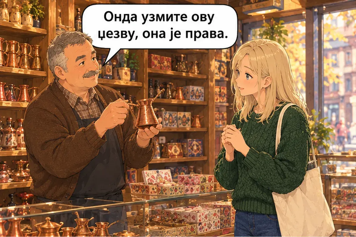 Кадр 5 из 14 к тексту «Я ищу подарки для семьи»: «Тогда возьмите эту джезву. Она настоящая.»