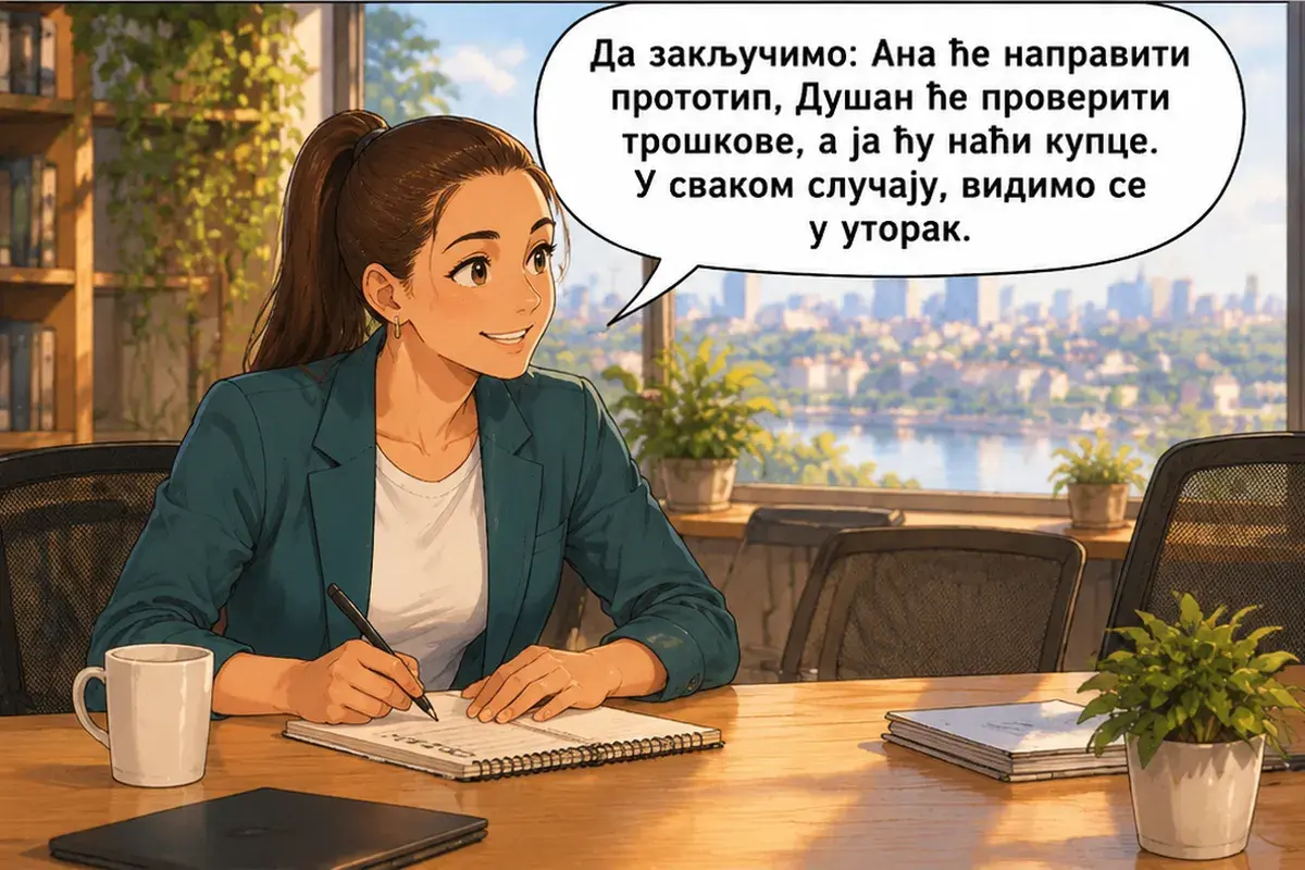 Кадр 14 из 15 к тексту «Покупатель хочет заказать бурек в три шага»: «Подведём итог: Аня сделает прототип, Душан проверит расходы, а я найду покупателей. В любом случае, увидимся во вторник.»