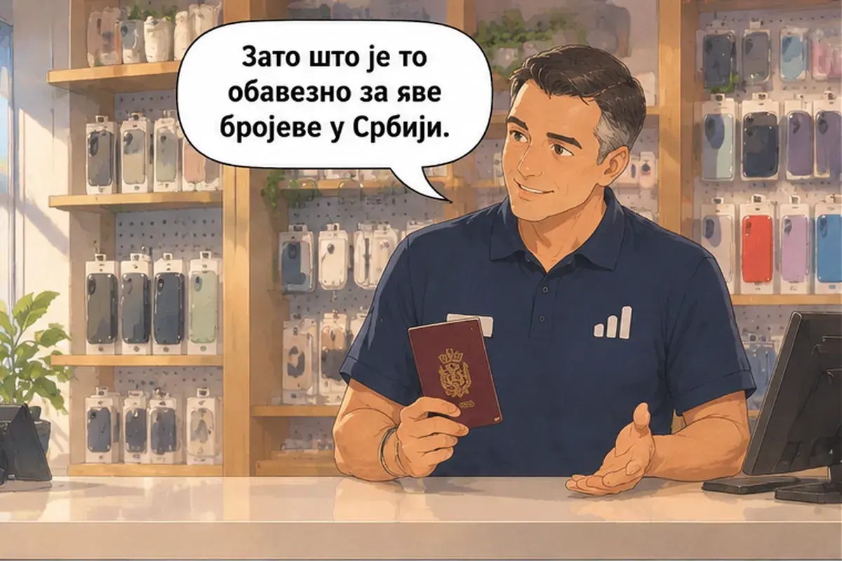Кадр 9 из 15 к тексту «Мне нужен сербский номер.»: «Потому что это обязательно для всех номеров в Сербии.»