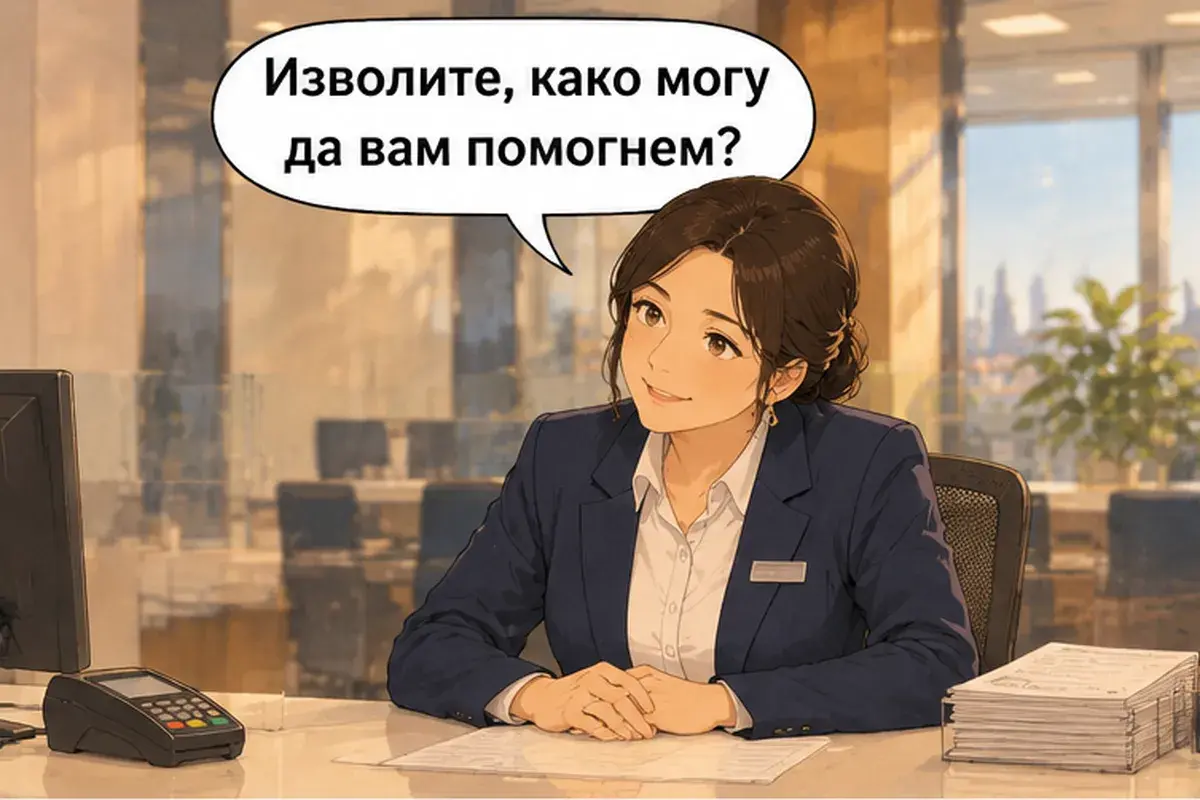 Кадр 1 из 13 к тексту «Я хотела бы открыть счёт.»: «Пожалуйста, чем могу вам помочь?»
