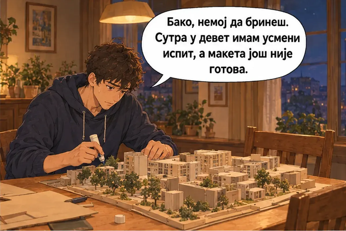 Кадр 2 из 14 к тексту «Расслабься и держись»: «Бабушка, не волнуйся. Завтра в девять у меня устный экзамен, а макет ещё не готов.»
