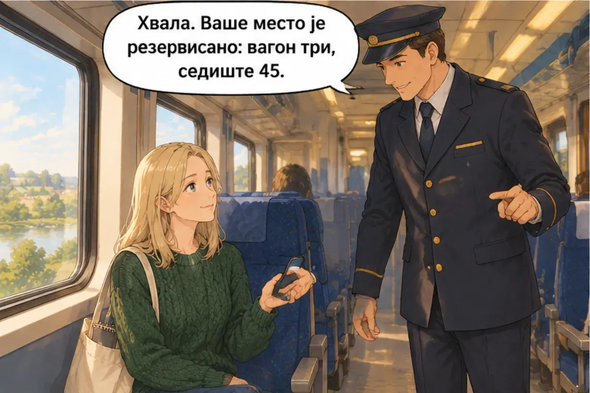 Кадр 3 из 15 к тексту «Когда приеду, где мне тебя ждать?»: «Спасибо. Ваше место забронировано: вагон три, место 45.»