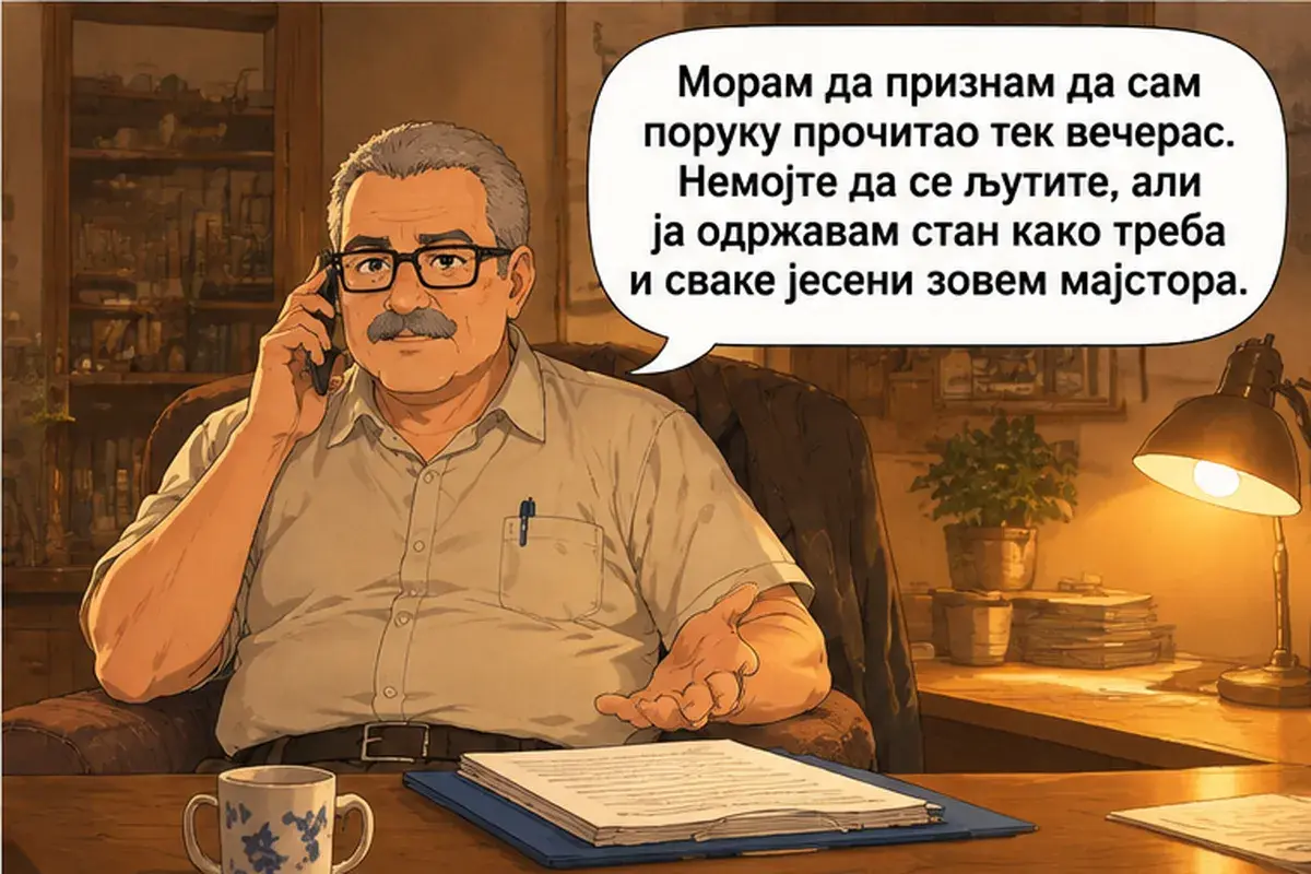 Кадр 4 из 13 к тексту «Я звонила вам и вчера»: «Должен признаться, что прочитал сообщение только сегодня вечером. Не сердитесь, но я содержу квартиру в порядке и каждую осень вызываю мастера.»