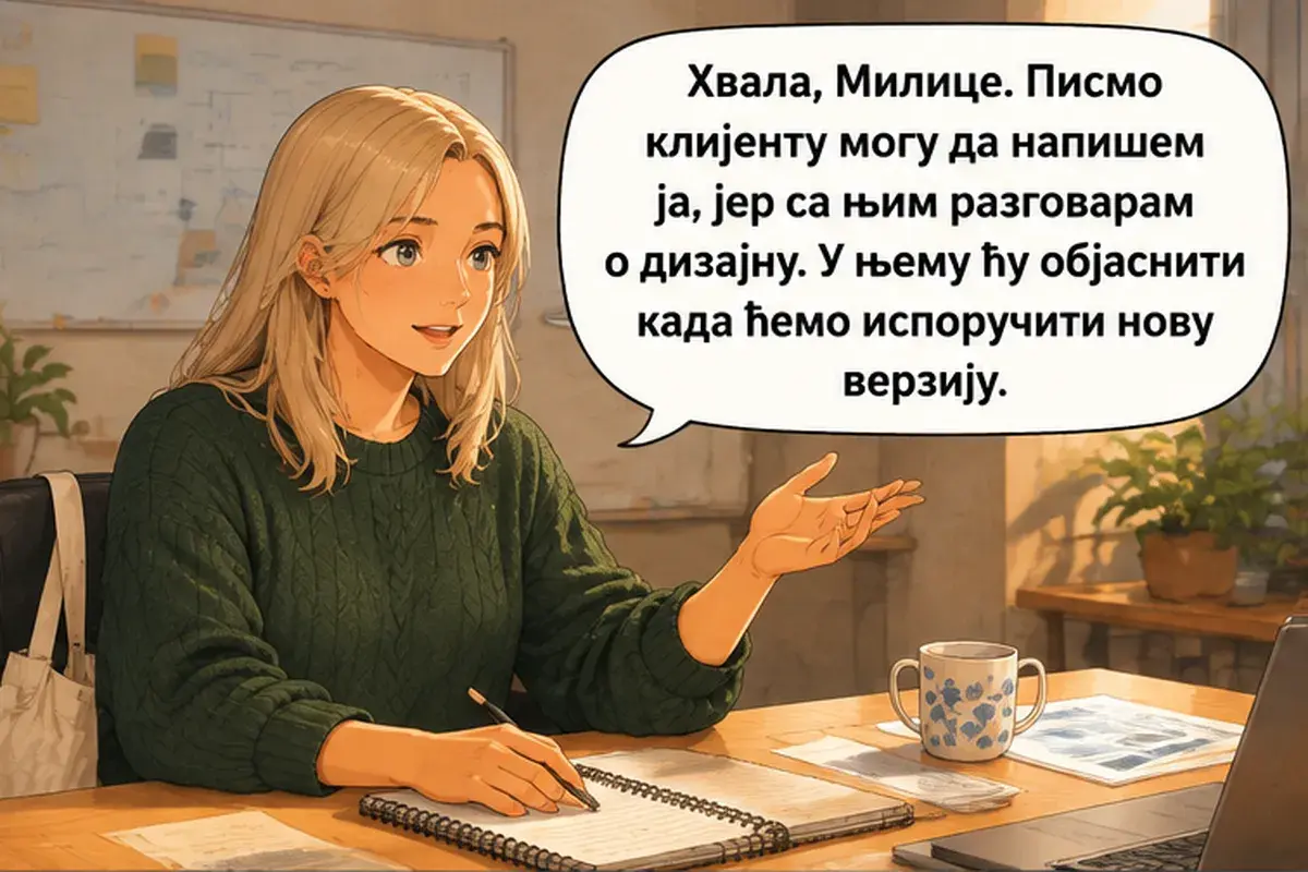Кадр 9 из 13 к тексту «Я не могу каждый вечер работать до десяти»: «Спасибо, Милица. Письмо клиенту могу написать я, потому что с ним я обсуждаю дизайн. В нём я объясню, когда мы сдадим новую версию.»