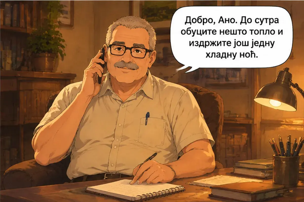 Кадр 12 из 13 к тексту «Я звонила вам и вчера»: «Хорошо, Аня. До завтра оденьтесь потеплее и перетерпите ещё одну холодную ночь.»