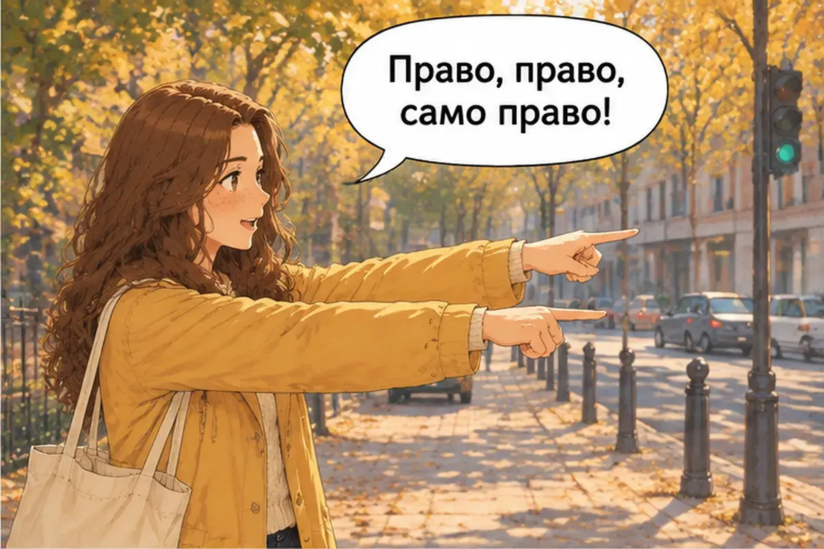 Кадр 6 из 14 к тексту «Идите прямо до светофора»: «Прямо, прямо, только прямо!»