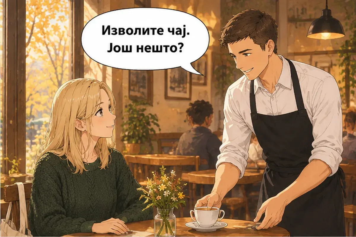 Кадр 10 из 14 к тексту «Можно заплатить картой?»: «Пожалуйста, чай. Ещё что-нибудь?»