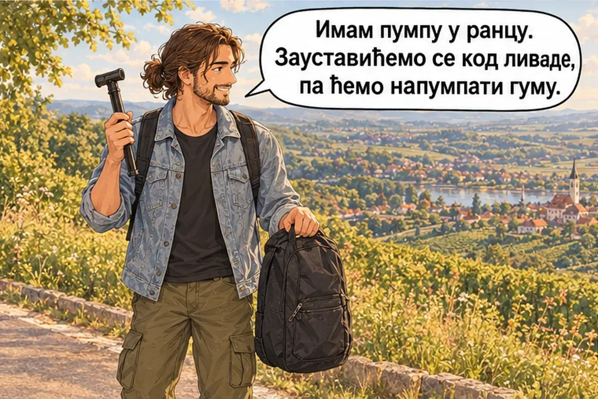 Кадр 11 из 16 к тексту «Ещё немного в гору, а потом всё под гору»: «У меня в рюкзаке насос. Остановимся у луга и накачаем шину.»