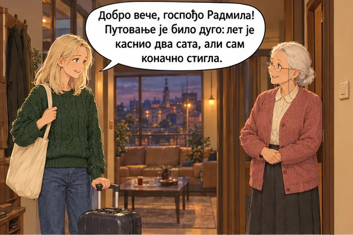 Кадр 2 из 14 к тексту «Давай перейдём на «ты»»: «Добрый вечер, госпожа Радмила! Дорога была долгой: рейс задержался на два часа, но я наконец-то добралась.»
