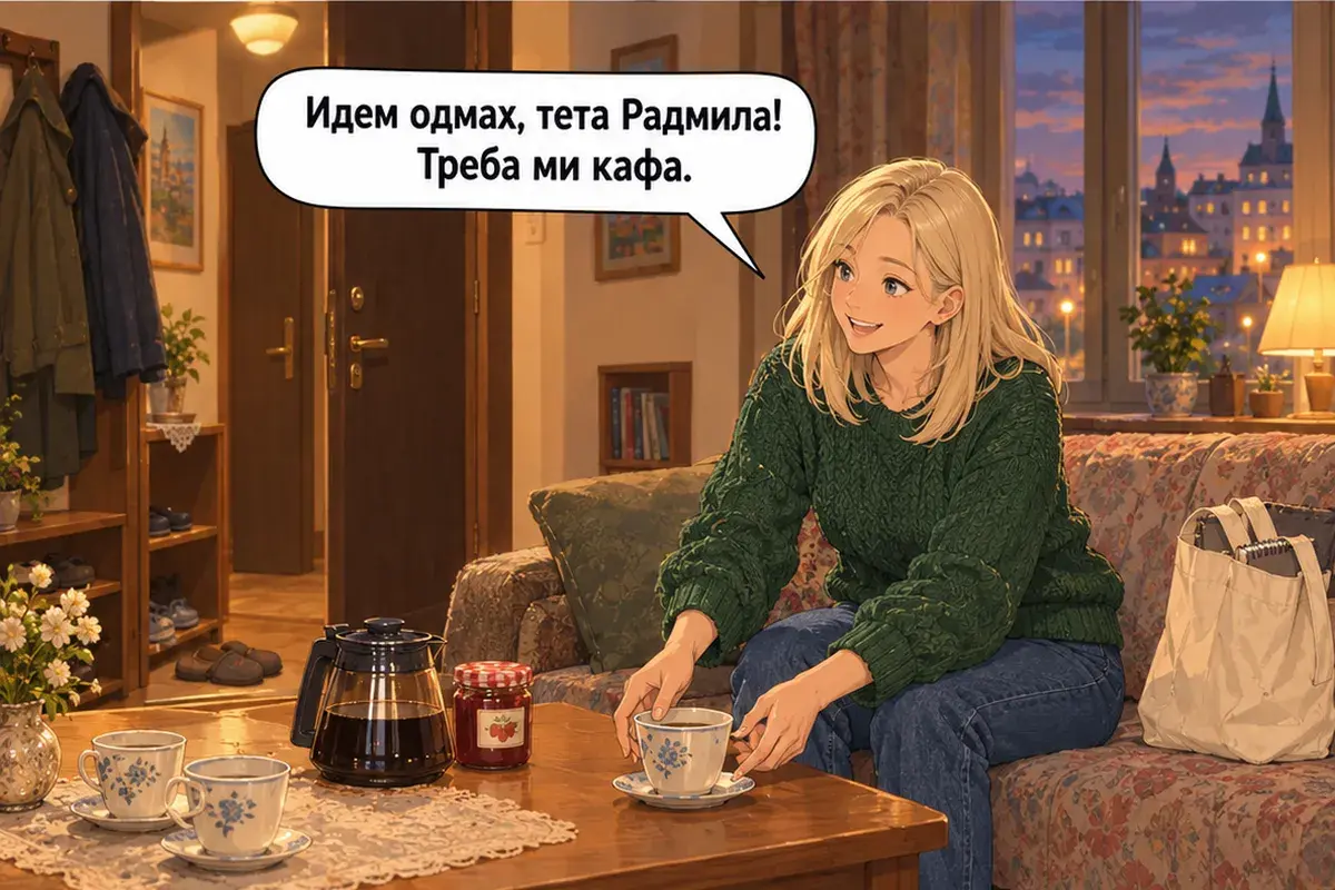 Кадр 14 из 14 к тексту «Давай перейдём на «ты»»: «Иду прямо сейчас, тётя Радмила! Мне очень нужен кофе.»