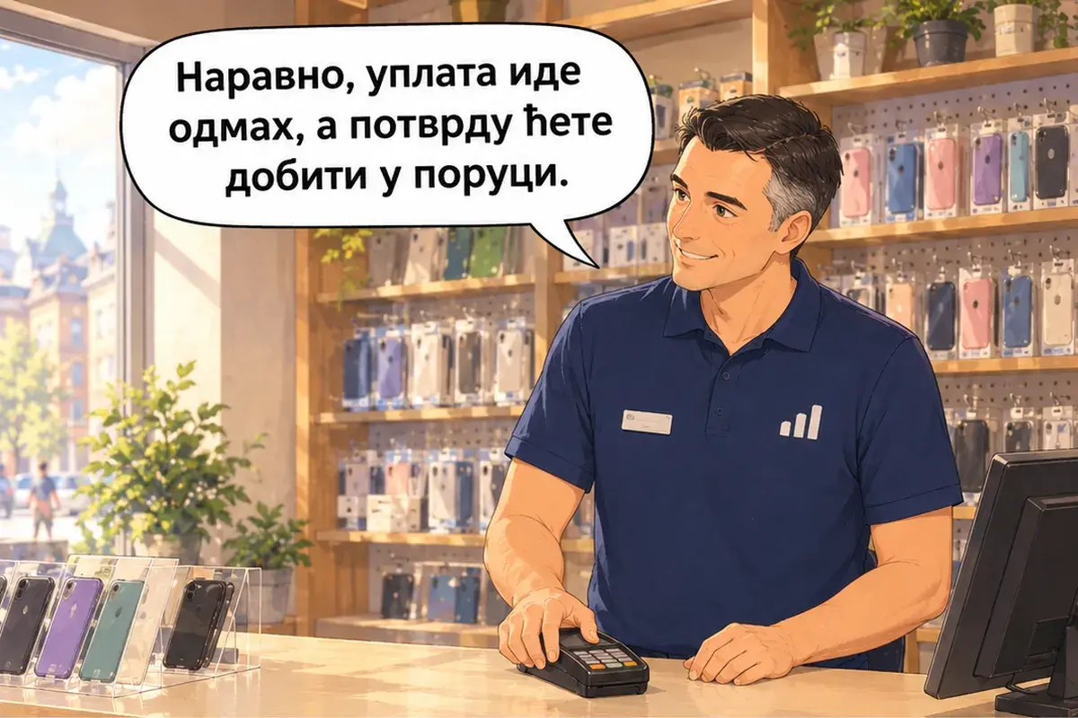 Кадр 13 из 15 к тексту «Мне нужен сербский номер.»: «Конечно, платёж проходит сразу, а подтверждение вы получите в сообщении.»