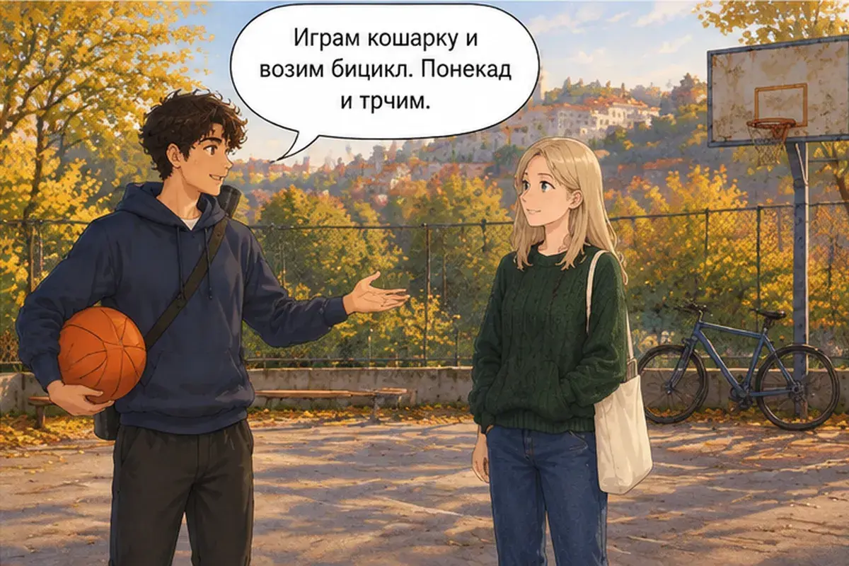 Кадр 4 из 12 к тексту «Что ты делаешь в свободное время?»: «Играю в баскетбол и езжу на велосипеде. Иногда ещё и бегаю.»