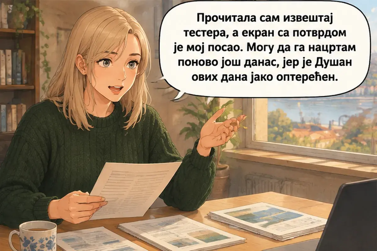 Кадр 3 из 13 к тексту «Я не могу каждый вечер работать до десяти»: «Я прочитала отчёт тестировщика, а экран с подтверждением — моя работа. Я могу нарисовать его заново ещё сегодня, потому что Душан в эти дни сильно…