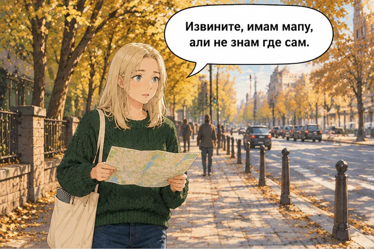 Кадр 1 из 14 к тексту «Идите прямо до светофора»: «Извините, у меня есть карта, но я не знаю, где я.»