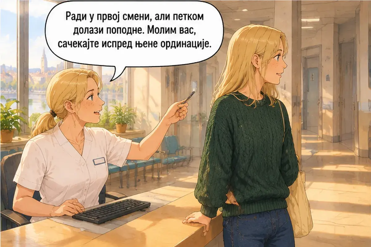 Кадр 8 из 16 к тексту «Скажите, кто ваш выбранный врач»: «Она работает в первую смену, но по пятницам приходит после обеда. Пожалуйста, подождите перед её кабинетом.»