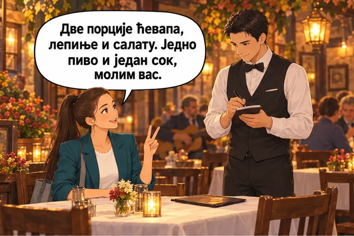 Кадр 5 из 14 к тексту «Что желаете заказать?»: «Две порции чевапов, лепёшки и салат. Одно пиво и один сок, пожалуйста.»