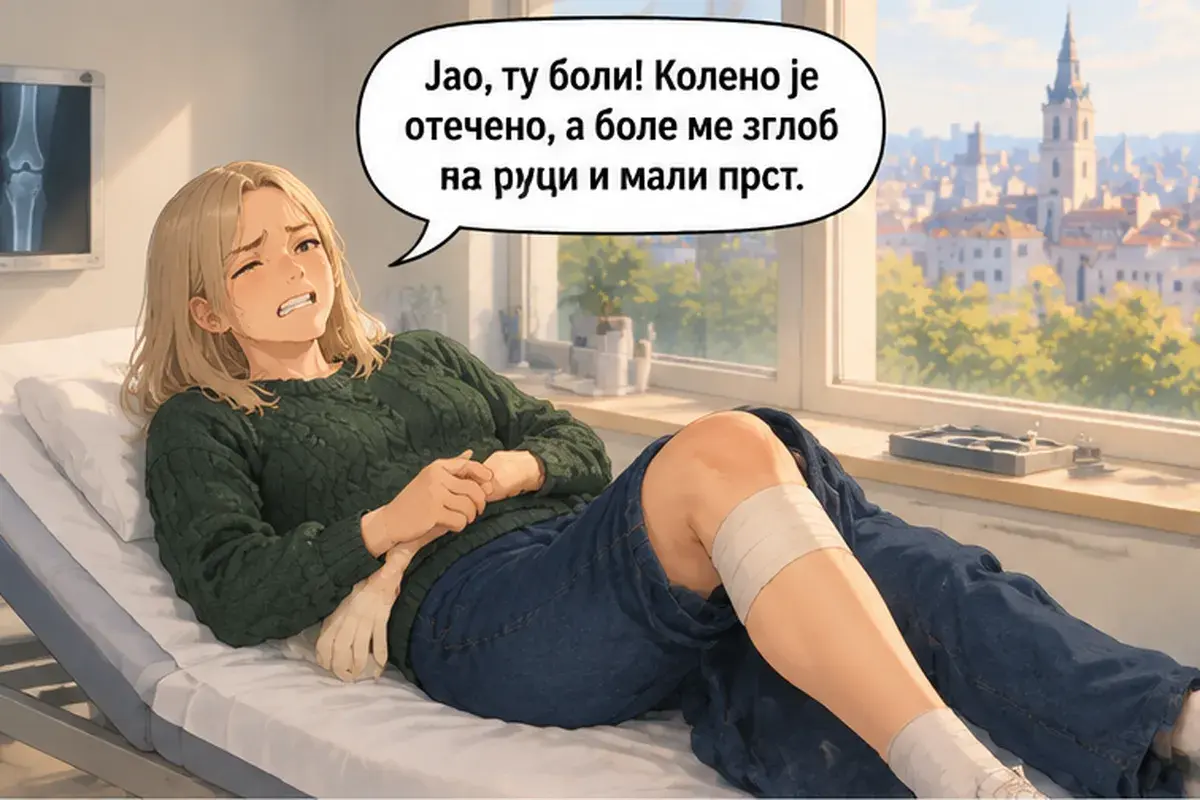 Кадр 5 из 16 к тексту «Я поскользнулась на льду»: «Ой, здесь болит! Колено опухло, а ещё болят запястье и мизинец.»