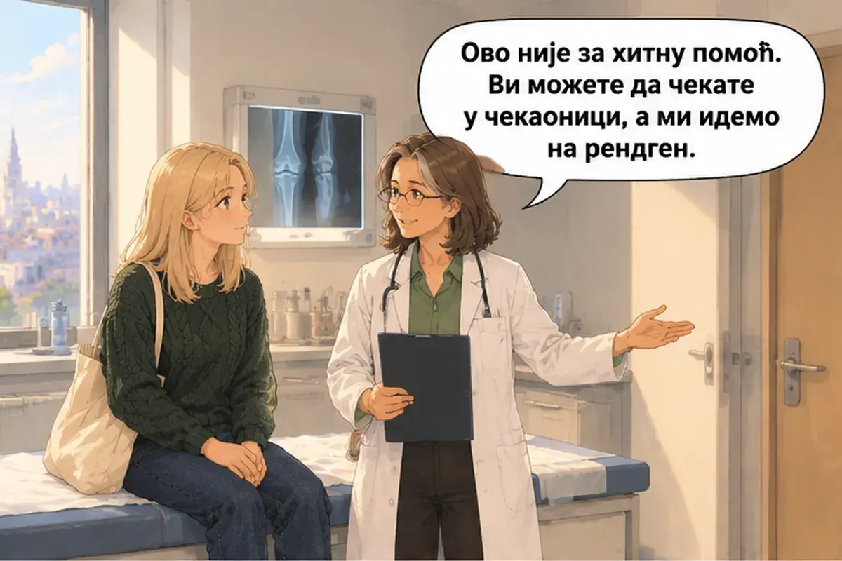 Кадр 9 из 16 к тексту «Я поскользнулась на льду»: «Это не для скорой помощи. Вы можете подождать в приёмной, а мы идём на рентген.»