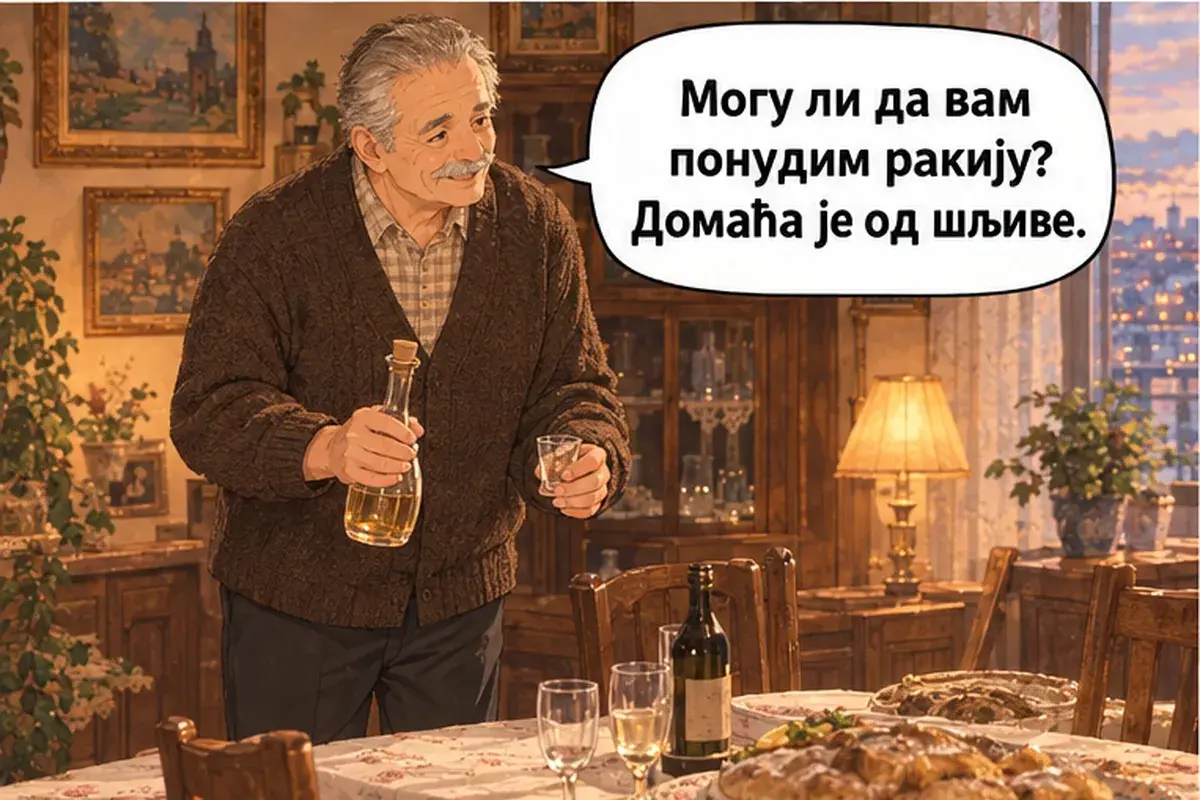 Кадр 11 из 15 к тексту «С праздником славы, хозяин!»: «Могу я предложить вам ракию? Домашняя, из сливы.»
