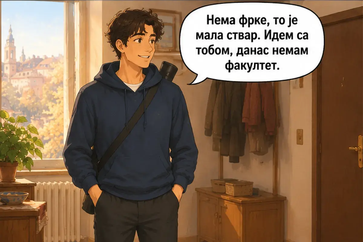 Кадр 7 из 11 к тексту «Без проблем, это пустяк.»: «Без проблем, это пустяк. Я пойду с тобой, сегодня у меня нет пар.»