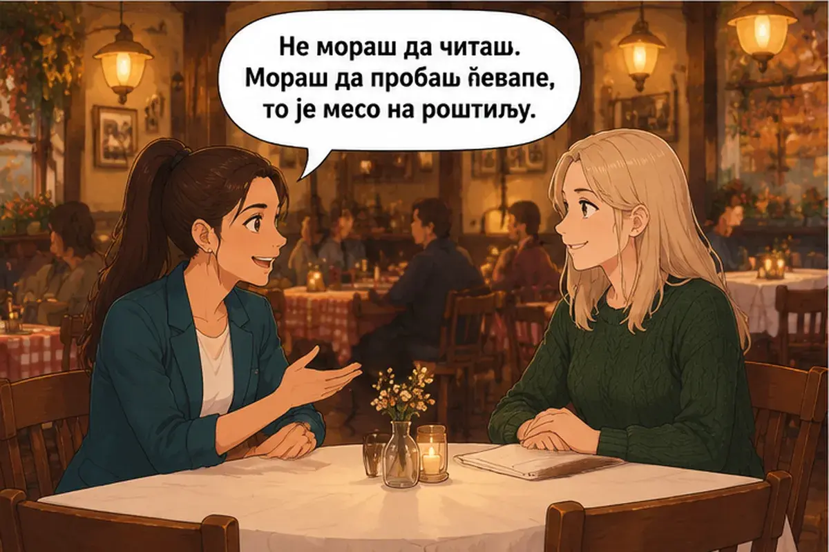 Кадр 3 из 14 к тексту «Что желаете заказать?»: «Можешь не читать. Тебе надо попробовать чевапы, это мясо на гриле.»