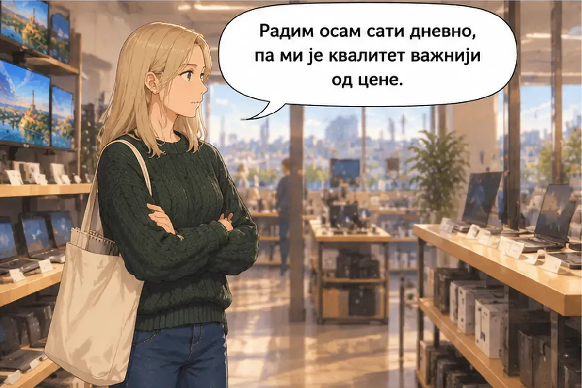 Кадр 7 из 15 к тексту «Этот монитор больше, но и дороже»: «Я работаю по восемь часов в день, поэтому качество для меня важнее цены.»