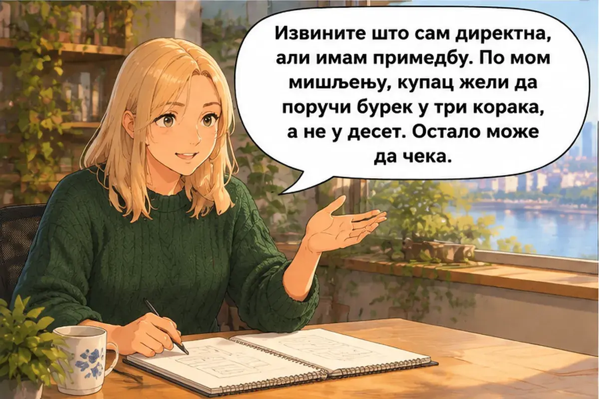 Кадр 3 из 15 к тексту «Покупатель хочет заказать бурек в три шага»: «Извините, что я говорю прямо, но у меня есть замечание. По-моему, покупатель хочет заказать бурек в три шага, а не в десять. Остальное подождёт.»