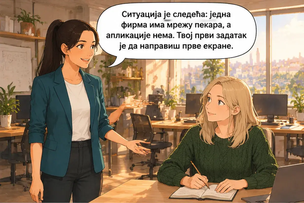 Кадр 10 из 16 к тексту «Пусть Душан покажет вам систему»: «Дело вот в чём: у одной фирмы есть сеть пекарен, а приложения пока нет. Твоя первая задача — сделать первые экраны.»