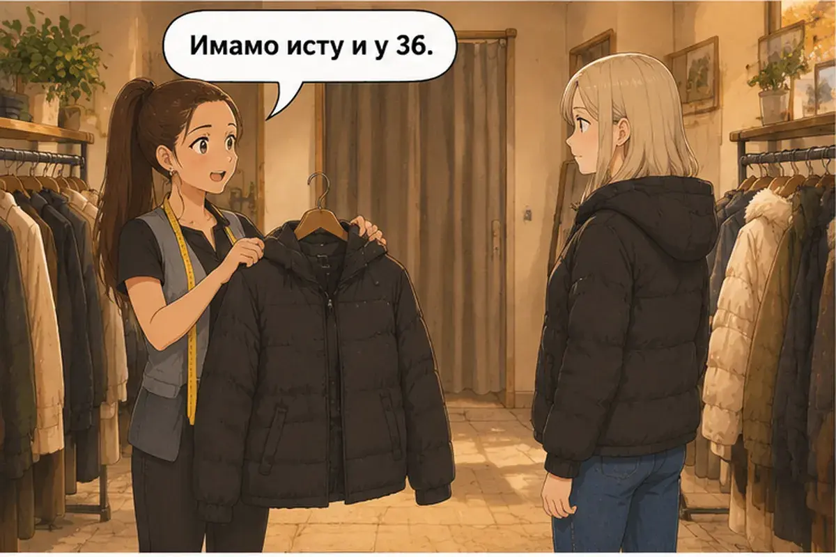 Кадр 7 из 14 к тексту «Можно примерить вон ту чёрную?»: «У нас есть такая же и 36-го.»
