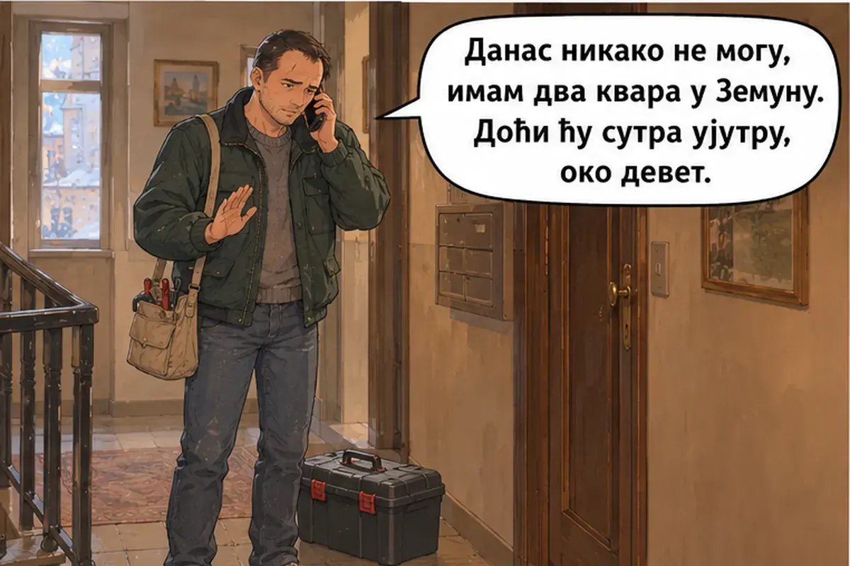 Кадр 11 из 15 к тексту «Никто не отвечает»: «Сегодня никак не могу, у меня две поломки в Земуне. Приду завтра утром, около девяти.»