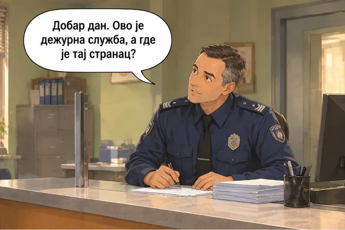 Кадр 2 из 16 к тексту «Я пришла зарегистрировать иностранца»: «Добрый день. Это дежурная служба, а где этот иностранец?»