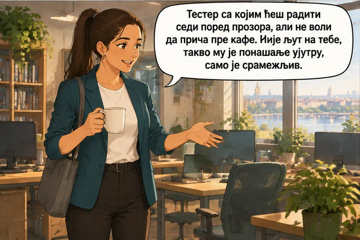 Кадр 3 из 12 к тексту «Тестировщик, с которым ты будешь работать, сидит у окна»: «Тестировщик, с которым ты будешь работать, сидит у окна, но не любит разговаривать до кофе. Он не злится на тебя, у него такое поведение…
