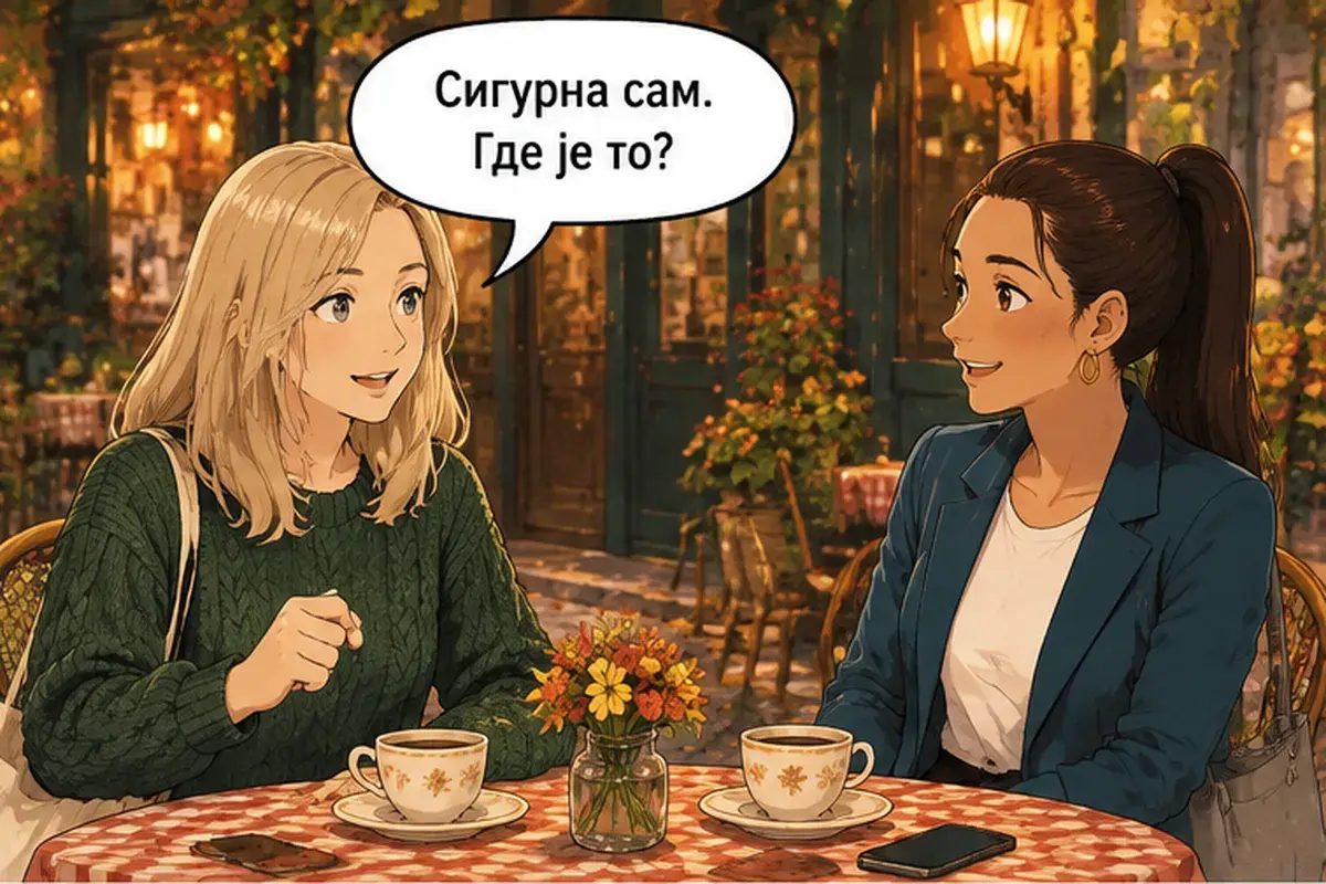 Кадр 9 из 12 к тексту «Хочешь пойти сегодня вечером в кафану?»: «Уверена. А где это?»