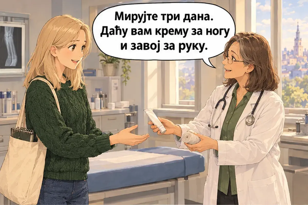 Кадр 13 из 16 к тексту «Я поскользнулась на льду»: «Побудьте в покое три дня. Я дам вам мазь для ноги и повязку на руку.»