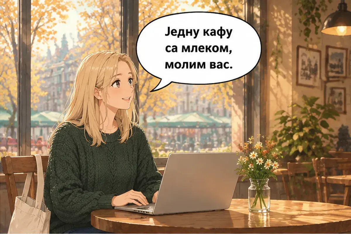 Кадр 6 из 14 к тексту «Можно заплатить картой?»: «Один кофе с молоком, пожалуйста.»