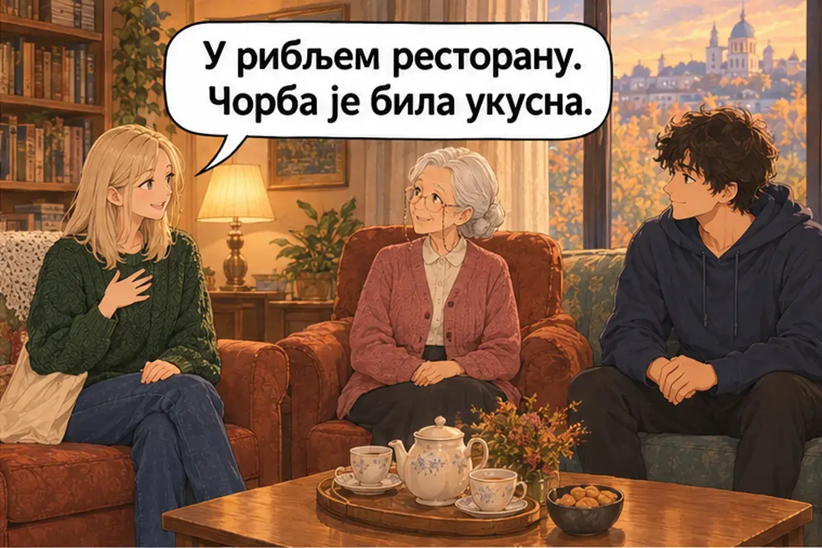 Кадр 6 из 15 к тексту «Где вы были сегодня?»: «В рыбном ресторане. Суп был вкусный.»