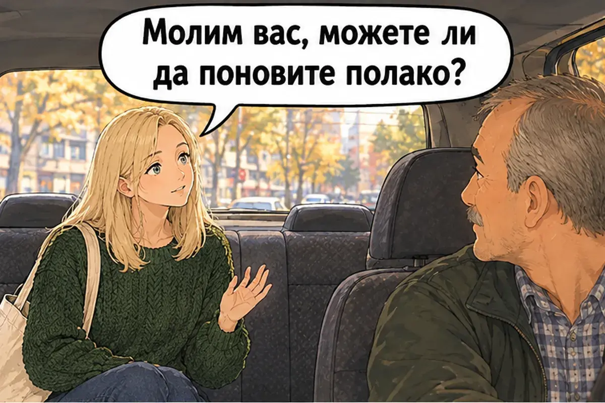 Кадр 5 из 11 к тексту «Вы в Белграде первый раз?»: «Пожалуйста, можете повторить помедленнее?»