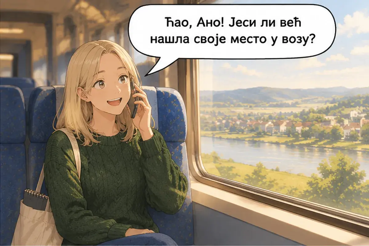 Кадр 6 из 15 к тексту «Когда приеду, где мне тебя ждать?»: «Привет, Аня! Ты уже нашла своё место в поезде?»