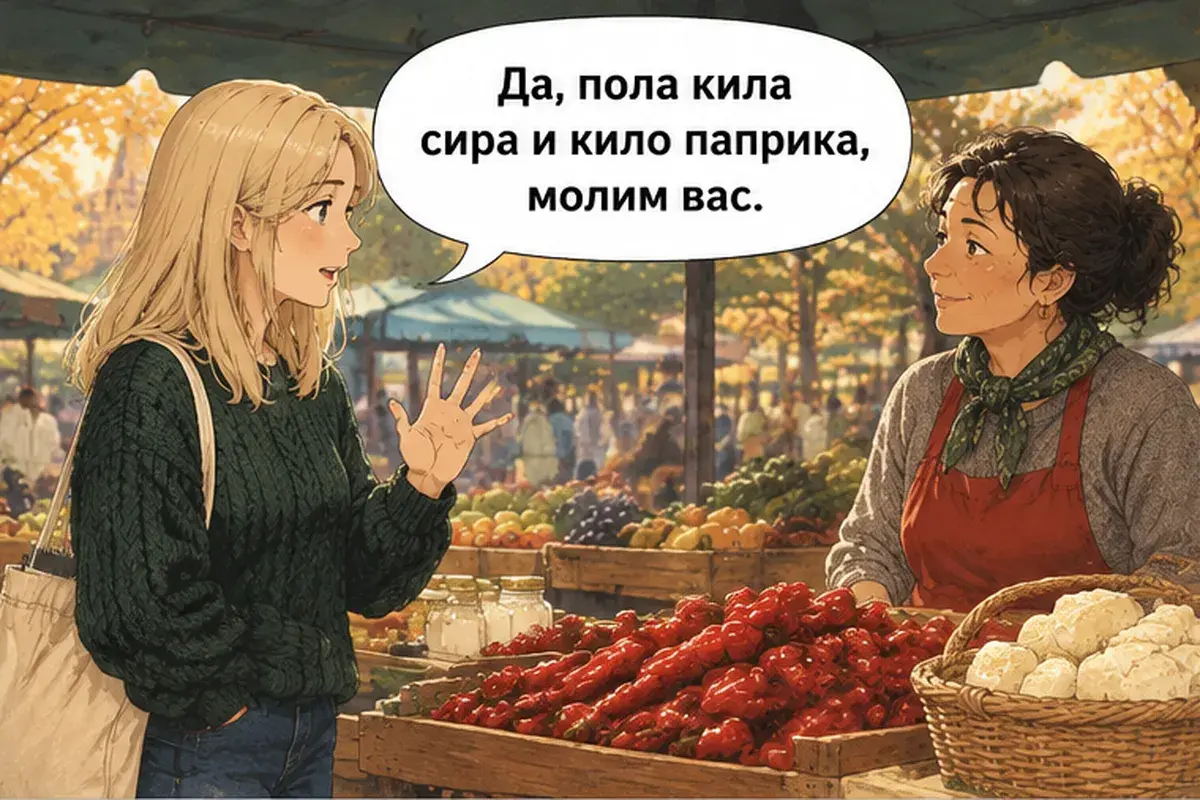 Кадр 5 из 14 к тексту «У вас есть каймак?»: «Да, полкило сыра и кило перца, пожалуйста.»