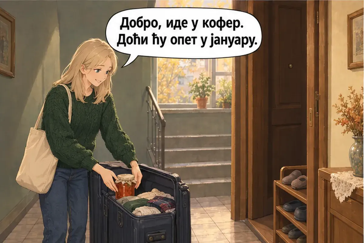 Кадр 7 из 14 к тексту «Счастливого пути! Приезжайте ещё!»: «Ладно, поедет в чемодан. Я приеду снова в январе.»