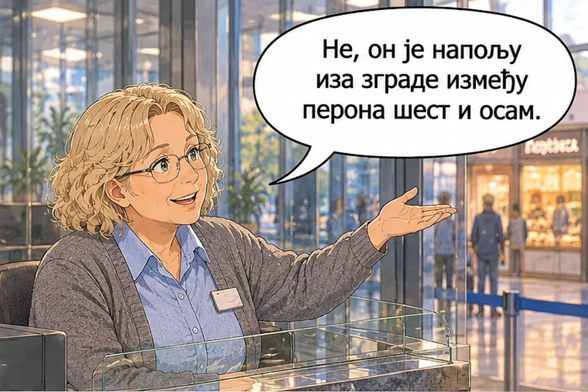 Кадр 10 из 16 к тексту «Один билет до Ниша на сегодня после обеда»: «Нет, она на улице за зданием, между шестой и восьмой платформами.»