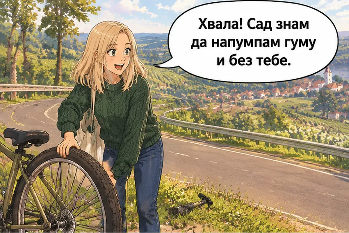 Кадр 14 из 16 к тексту «Ещё немного в гору, а потом всё под гору»: «Спасибо! Теперь я умею накачивать шину и без тебя.»