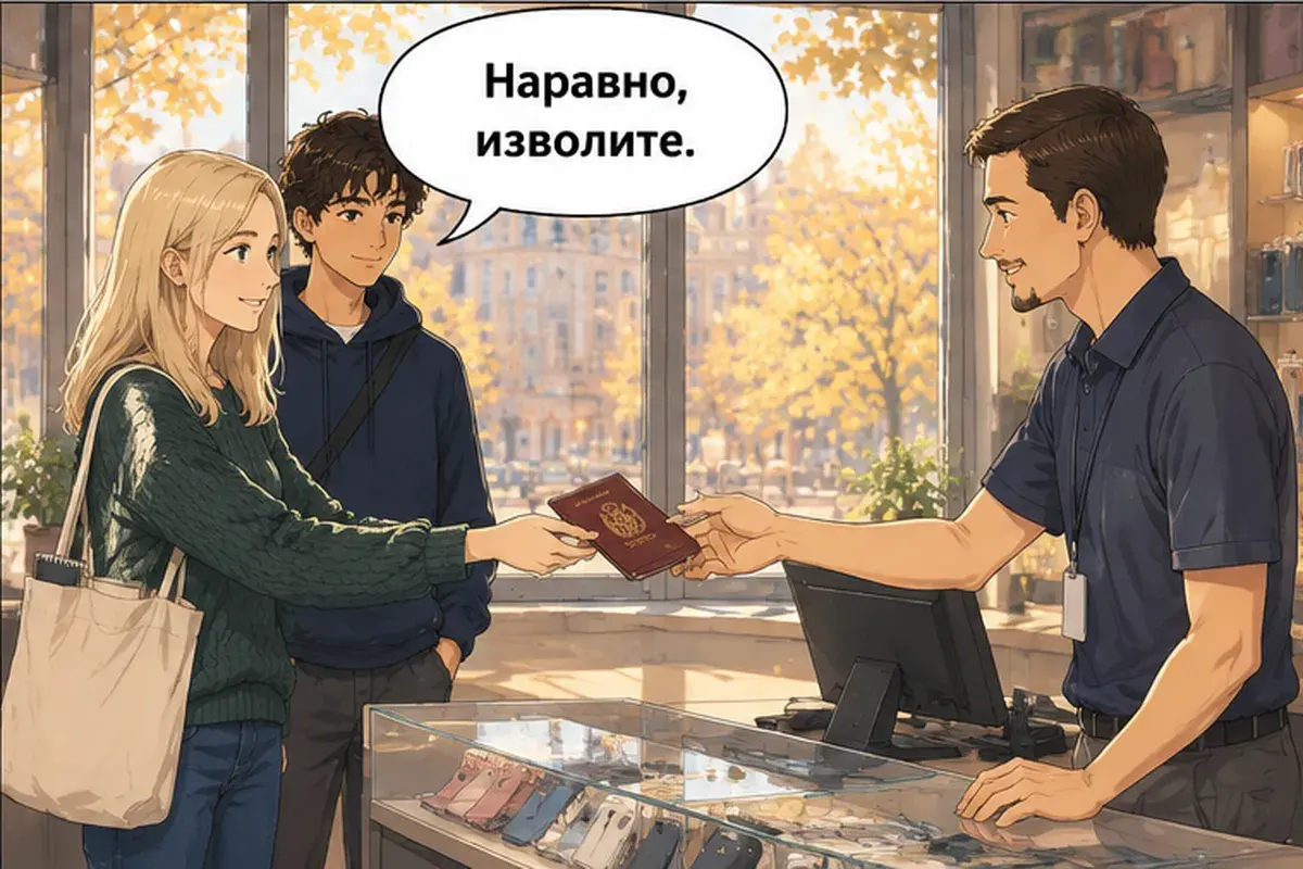 Кадр 4 из 15 к тексту «Мне нужна сим-карта.»: «Конечно, вот, пожалуйста.»