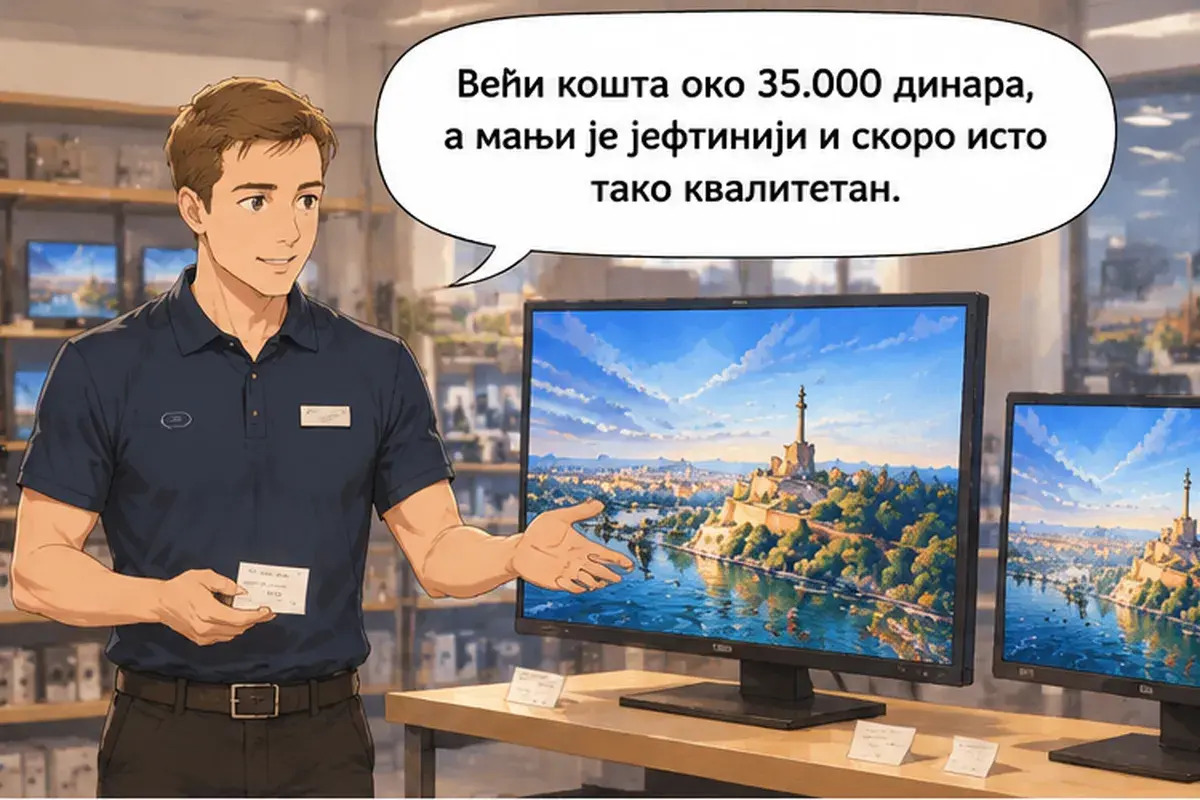 Кадр 6 из 15 к тексту «Этот монитор больше, но и дороже»: «Большая стоит около 35.000 динаров, а меньшая дешевле и почти так же качественна.»