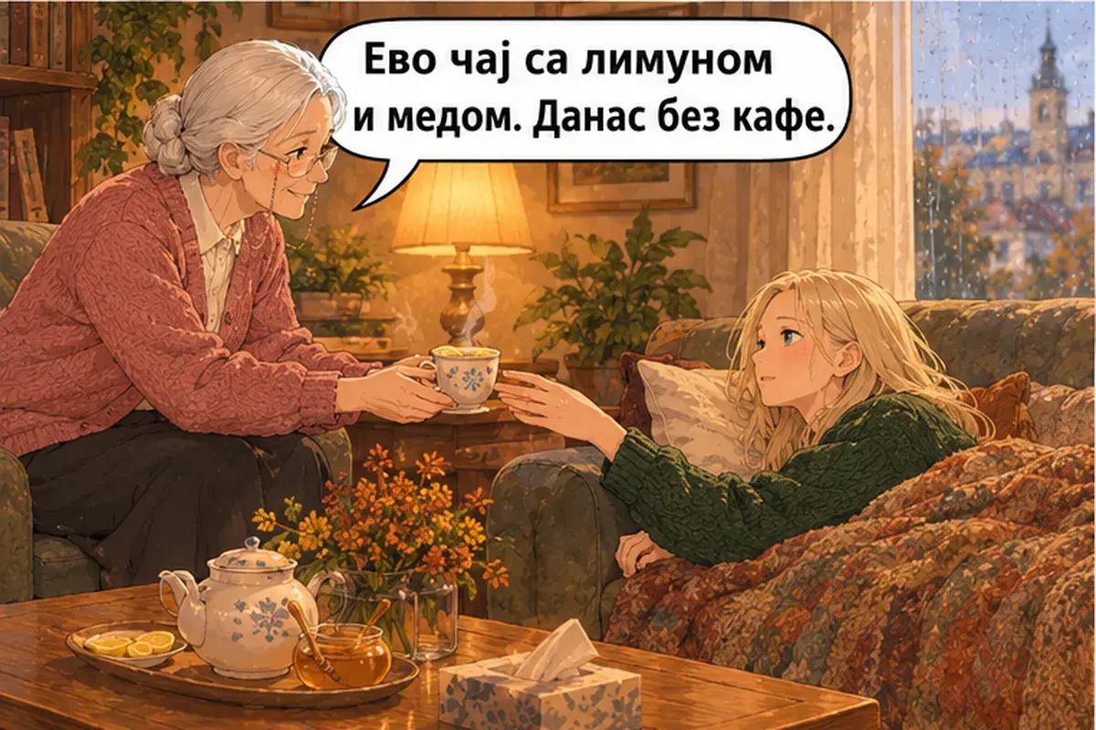 Кадр 3 из 13 к тексту «Спокойно, не волнуйтесь»: «Вот чай с лимоном и мёдом. Сегодня без кофе.»